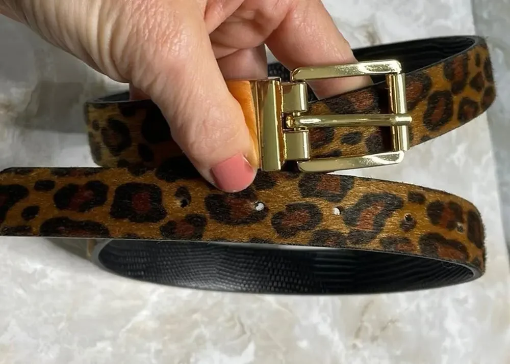 Reversible cheetah print faux cowhide and lizard belt